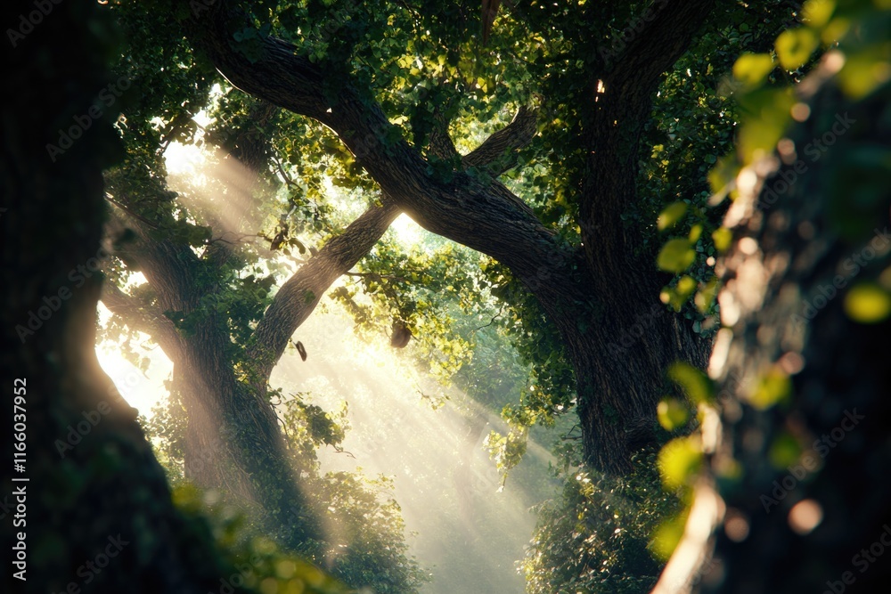 Poster Sunlight filters through the branches of a tree, highlighting its texture and structure