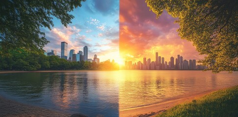 Cityscape Divided by Day and Sunset Over Water
