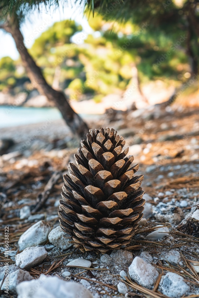 Aufkleber a single pine cone rests on the forest floor next to a tall tree trunk