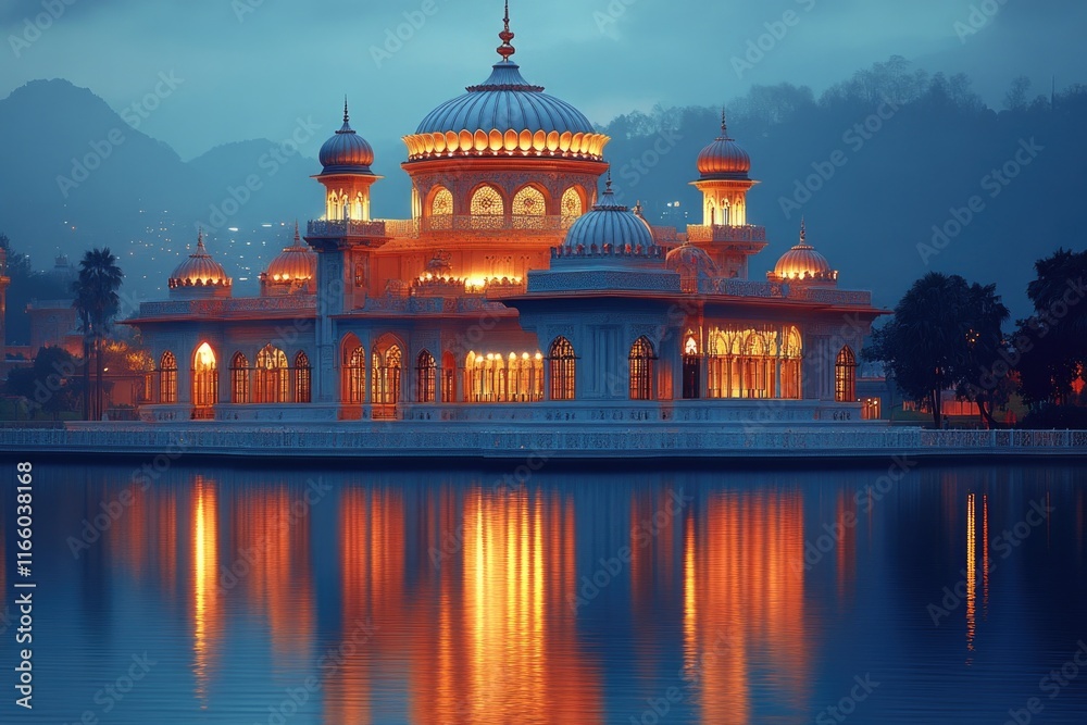 Poster A large building situated on the surface of a lake with calm water and surrounding greenery