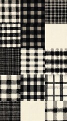 Black and white patchwork textile design.