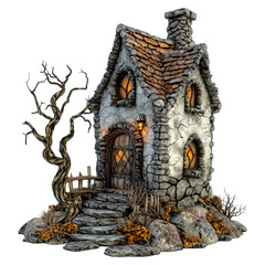 Fototapeta premium Enchanted stone cottage nestled in autumnal landscape isolated on png transparent background