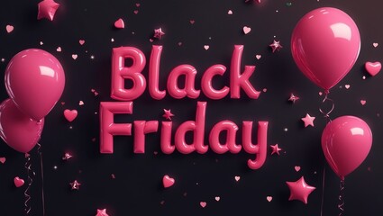 Black Friday Sale with Stylish Pink and Black Balloons Set Against a Bold Black Background.