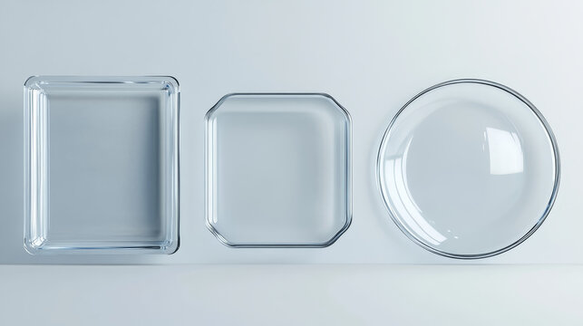 Glass plates set. Square shape, rectangle and round. See through mock up. Transparent elements.vector illustration
