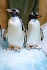 Obraz premium Two penguins standing at the top of an iceberg, enjoying the view