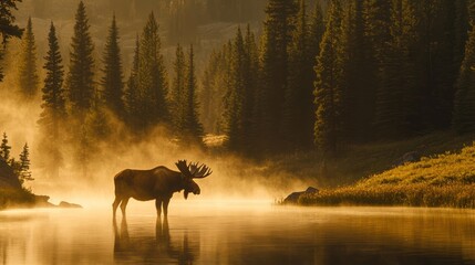 Majestic moose silhouetted in golden sunrise mist over tranquil mountain lake.