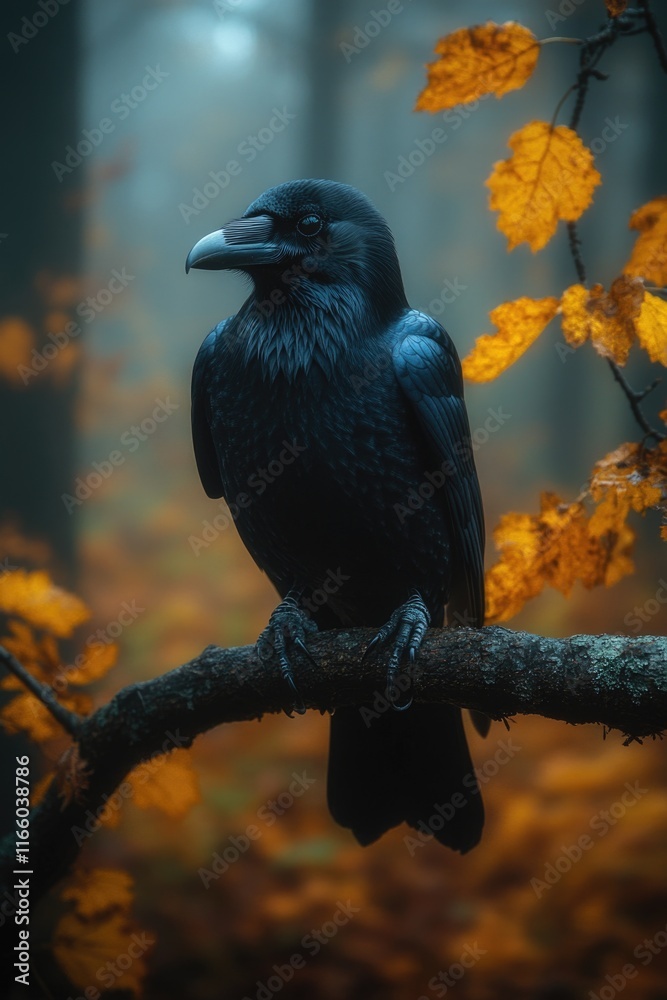 Poster a black bird sits on the edge of a tree branch, looking out into the distance