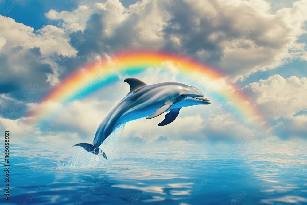Poster A dolphin leaping from the ocean with a vibrant rainbow in the background, great for nature and adventure-themed images