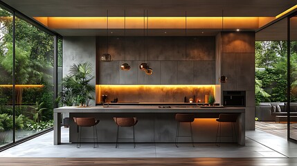 Modern kitchen with concrete island, warm lighting, and lush garden view.