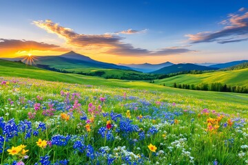 Fototapeta premium A serene sunrise over a meadow during the vernal equinox. Generative AI