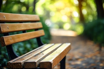 Fototapeta premium Empty wooden bench in a sunny park.