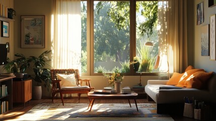 Fototapeta premium A cozy living room with staged furniture, bright natural light, and inviting decor.