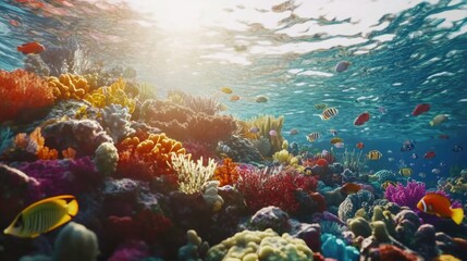 Naklejka premium Scenic underwater shot of a vibrant coral reef teeming with colorful fish