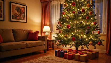 Decorated Christmas tree with lights and gifts in cozy living room