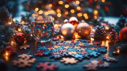 Vibrant puzzle session under holiday lights with friends and cheerful vibes