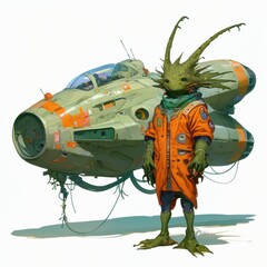 Fototapeta premium A humanoid creature in an orange coat stands beside a futuristic spacecraft.