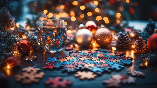 Vibrant puzzle session under holiday lights with friends and cheerful vibes