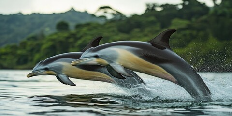 Fototapeta premium Two dolphins leaping from the ocean surface, a moment of playfulness and freedom