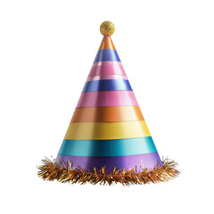 A cone-shaped birthday party hat with horizontal rainbow stripes and a metallic gold fringe around the base