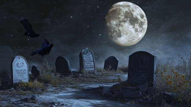 Pet cemetery at night, animal graveyard with tombstones, grave tombs with cats, dogs and birds souls near monuments with their photos under full moon in dark starry sky, Cartoon vector illustration