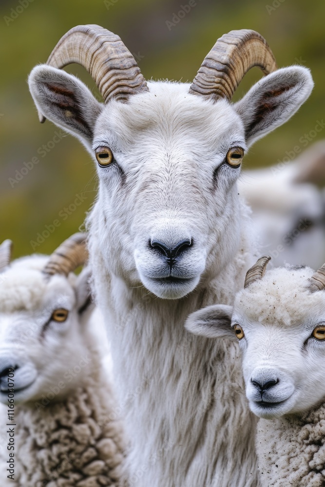 Poster a group of sheep standing together, grazing in a field