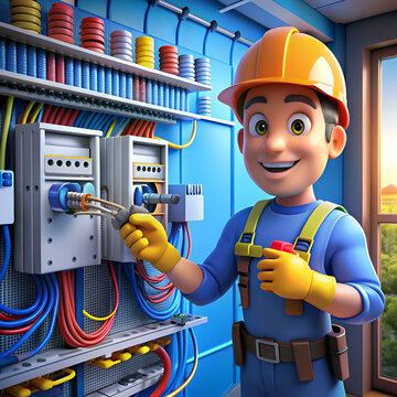 Cartoon electrician working on panel.