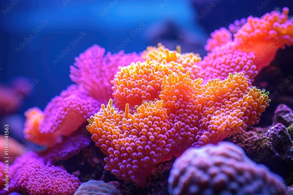Poster a close-up view of a group of colorful corals in a fish tank
