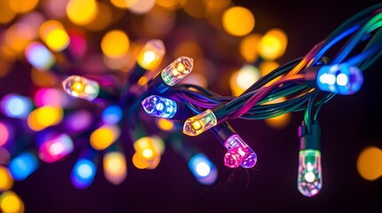 stock photo A close-up of multicolored LED lights with green wiring, glowing intensely against a dark background. Warm golden glow, dramatic lighting, high contrast