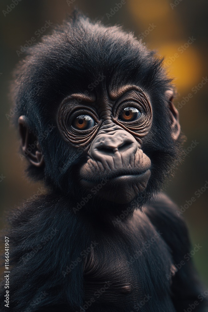 Poster close-up view of a monkey's face with blurred background, great for wildlife or animal-themed design