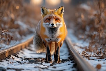 Fototapeta premium A red fox standing on a train track, suitable for use in images related to wildlife, transportation, and nature