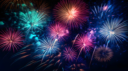 Fototapeta premium Spectacular Firework Display Ignites The Midnight Sky In Brilliant Colors: A Joyous Celebration Of The Night