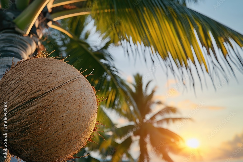 Poster a coconut tree with the sun setting behind it