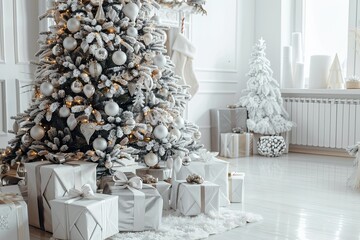 Beautifully decorated Christmas tree with sparkling ornaments and wrapped gifts below