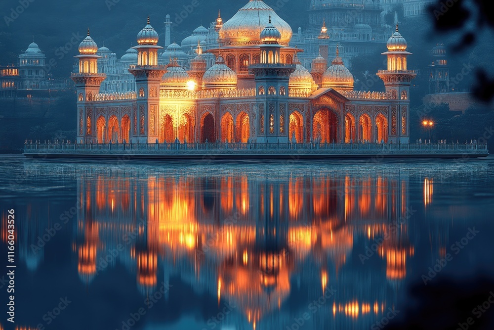 Poster a large structure situated on the surface of a lake, providing scenic views and serene atmosphere