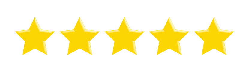 five gold stars lined up. 3d stars - five star rating feedback