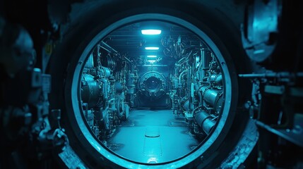 Submarine's interior viewed through a circular portal.