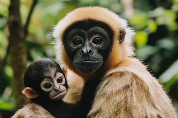 Obraz premium A close-up of a monkey cradling a baby monkey in its arms