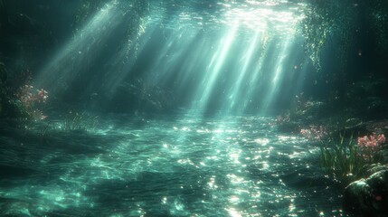 Sunbeams illuminate underwater cave, plants, and flowing water.