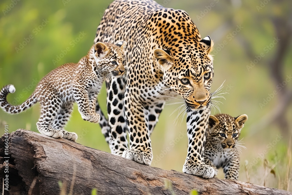 Poster a mother leopard with her two cubs walking on a log in the wild