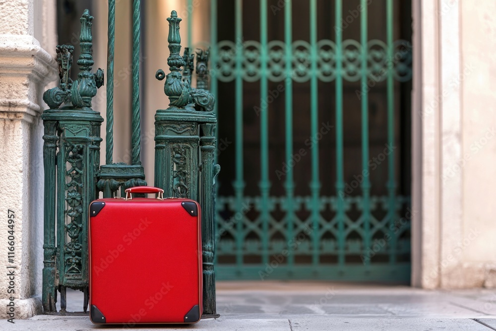 Poster a red suitcase sits at an airport gate, waiting to be collected by its owner