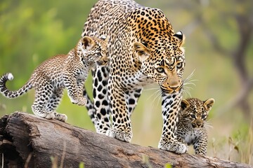 A mother leopard with her two cubs walking on a log in the wild
