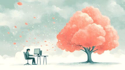 A cloud with rain falling from it, a person sitting at their desk in front of the computer screen