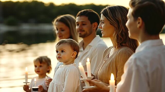 Outdoor Christening Ceremony by a Tranquil Lake with Family
