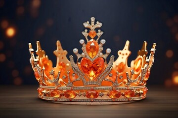 3D crown in glowing orange color, black - orange background, with orange bokeh effect. 