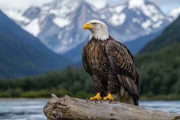 A majestic bald eagle perched high above, overlooking its surroundings