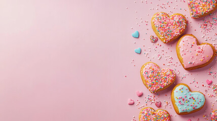 Sweet cookies banner with biscuits in heart shape with icing. Vector horizontal poster for Valentines day or romantic gift with pastry dessert, gingerbread cookies with frosting and sprinkle