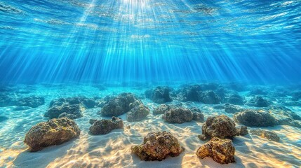 Fototapeta premium Sunbeams illuminate underwater ocean floor with rocks and sand.