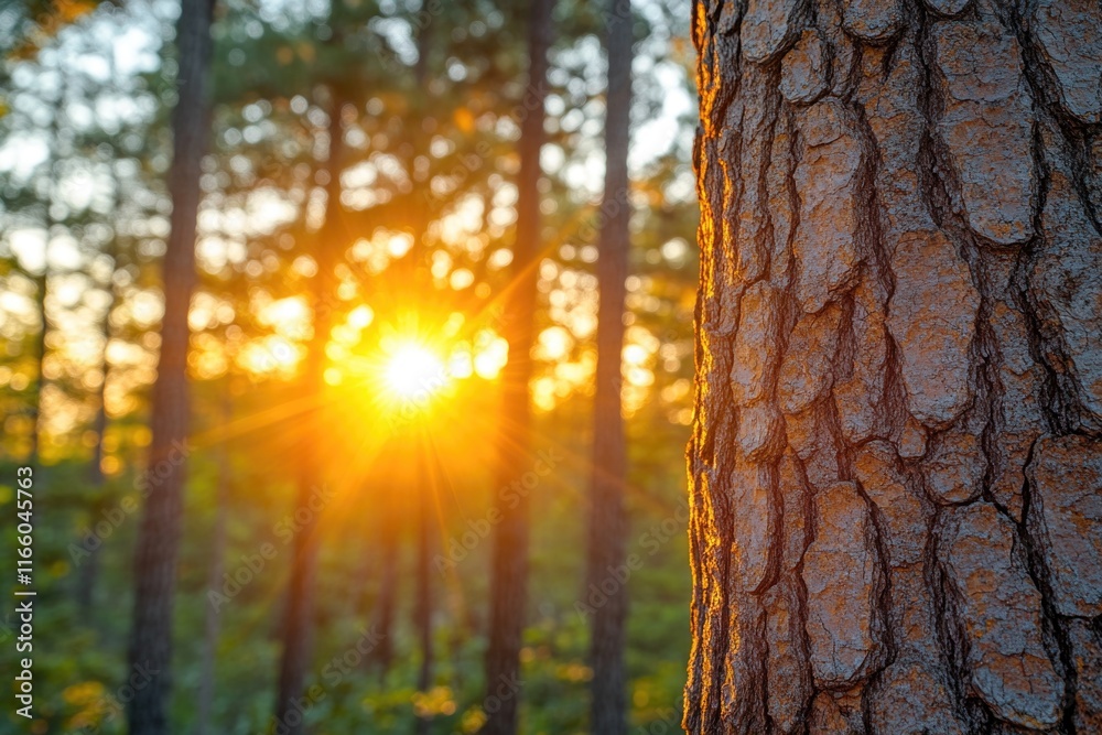 Poster A serene scene of sunlight shining through forest trees, perfect for use as a background or to add warmth to your design