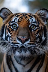 Fototapeta premium A close-up view of a tiger's face with a blurred background