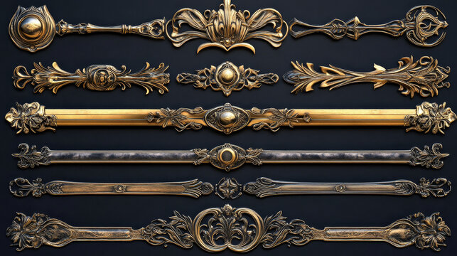 Decorative game ui divider and text border for different levels interface. Cartoon vector set of horizontal fantasy frame and partition of various complexity. Golden and silver deco elements.